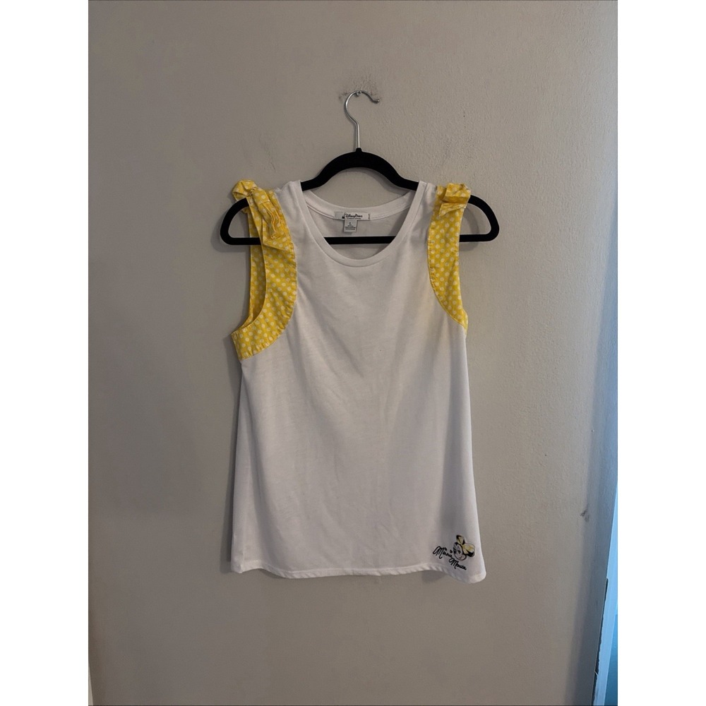 Disney Parks SleeveLess Minnie Mouse T-Shirt Top Sz L White Yellow Dots Bows